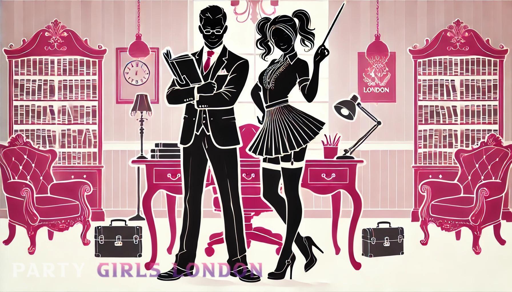 Silhouettes of a strict male teacher and playful female secretary in an elegant office setting, symbolising escort roleplay scenarios in London.