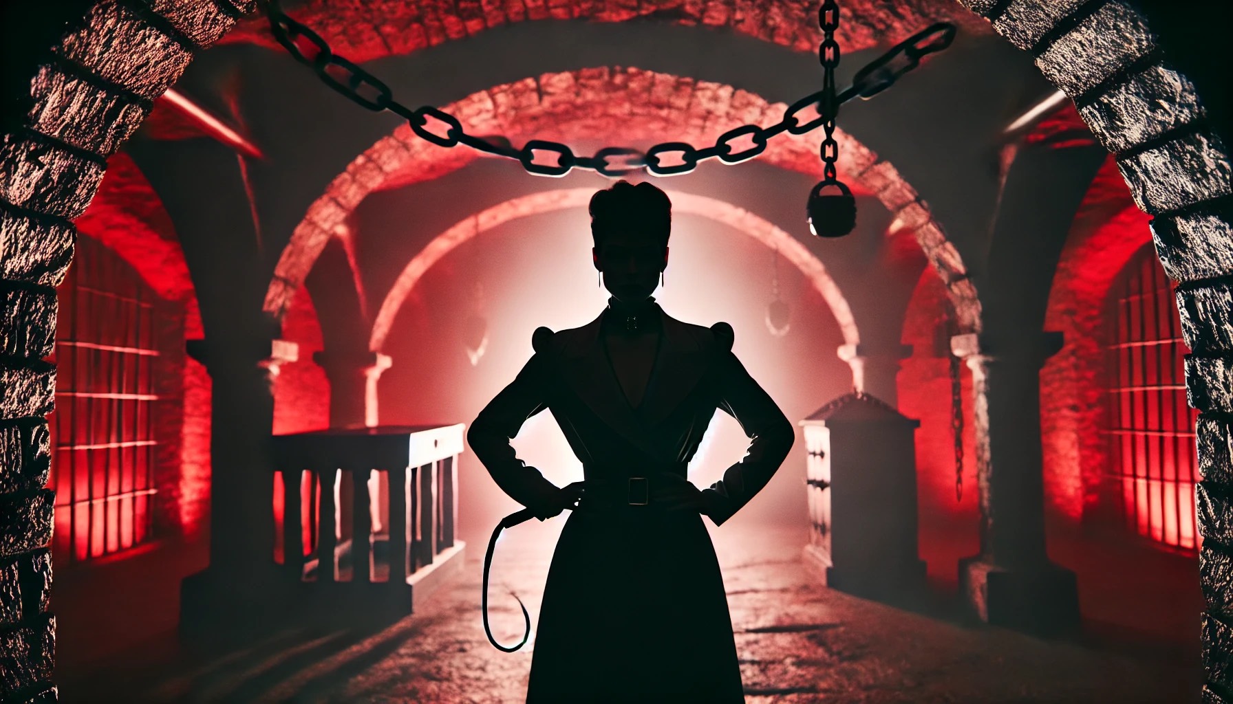 Silhouetted dominatrix with whip in a red-lit dungeon