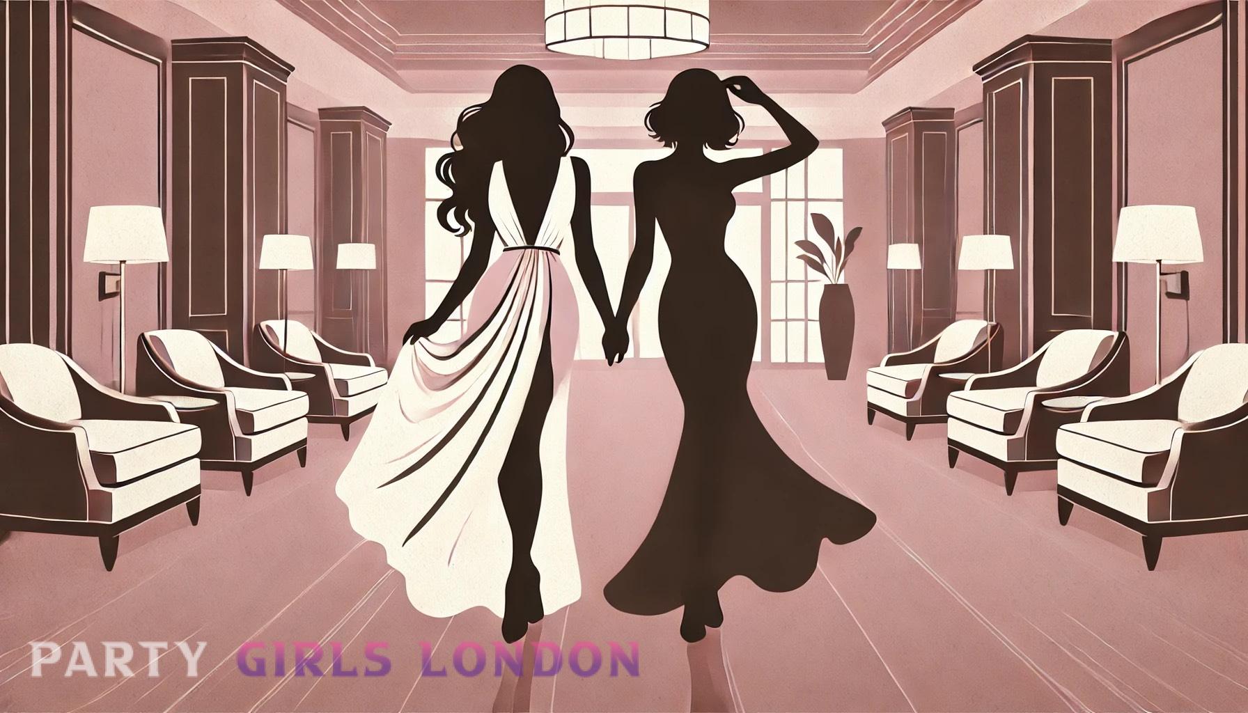 Pink and white silhouette of two elegant women walking arm-in-arm in a hotel, symbolising duo escorts in London.