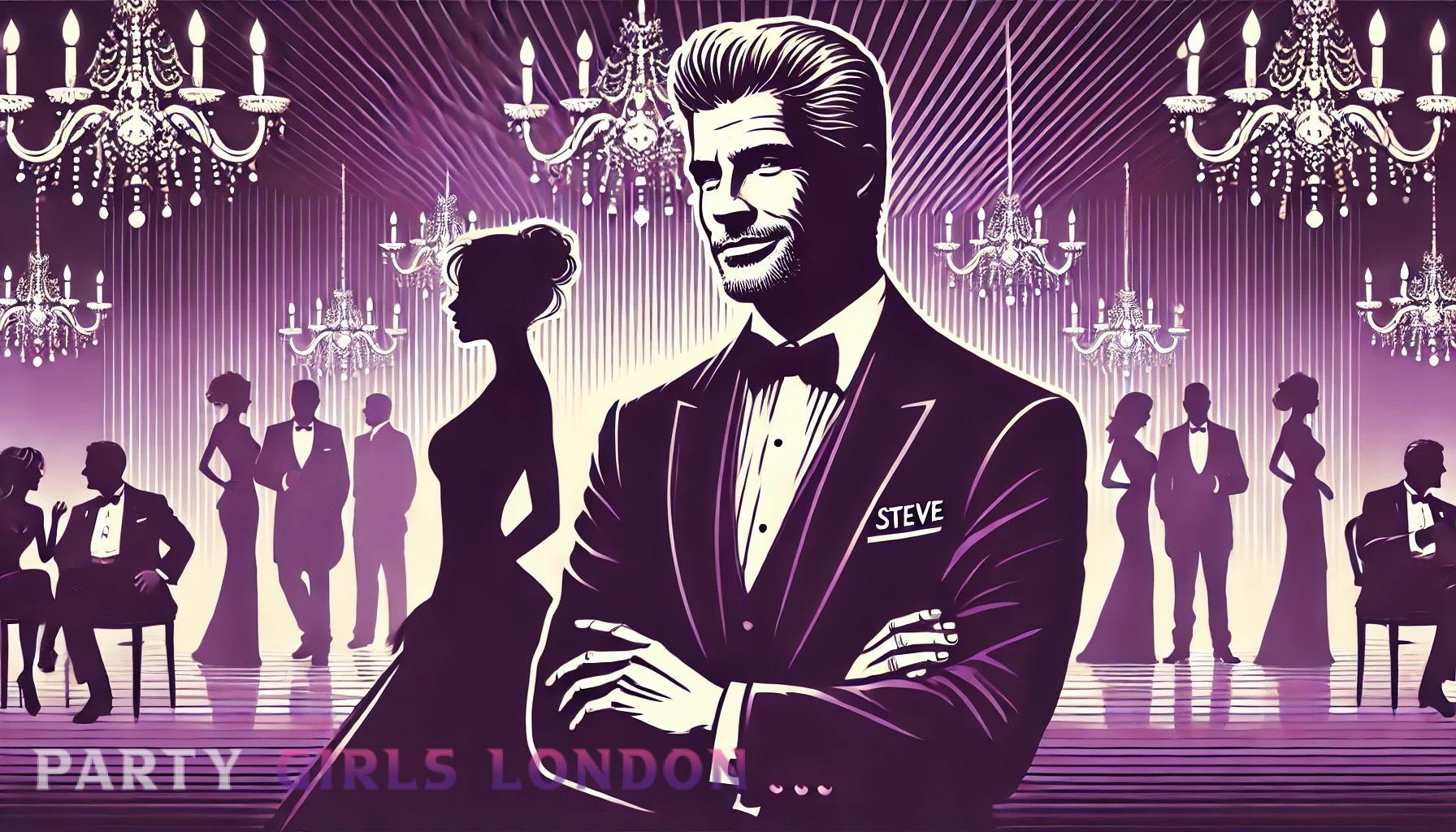 Steve in a tuxedo attending a black-tie event with a graceful female companion, representing escort social engagements in London.