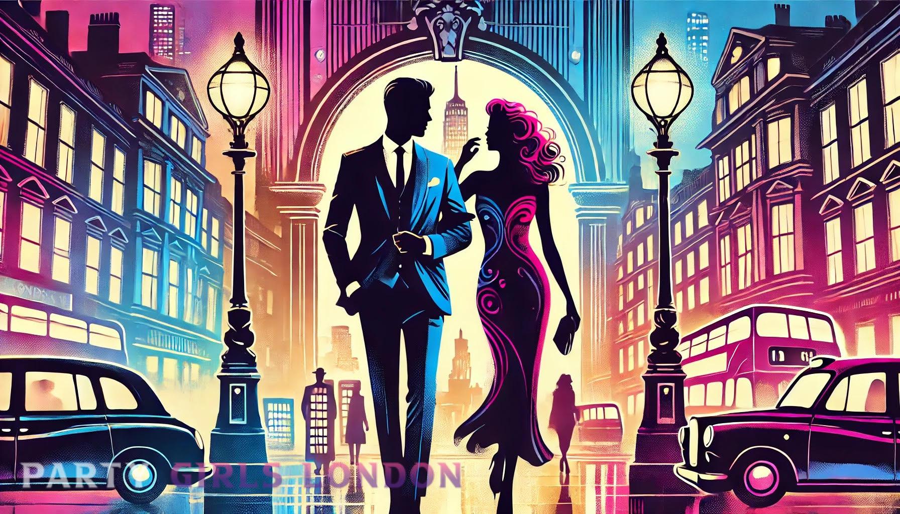 Silhouettes of a stylish man and glamorous woman walking together through London nightlife.